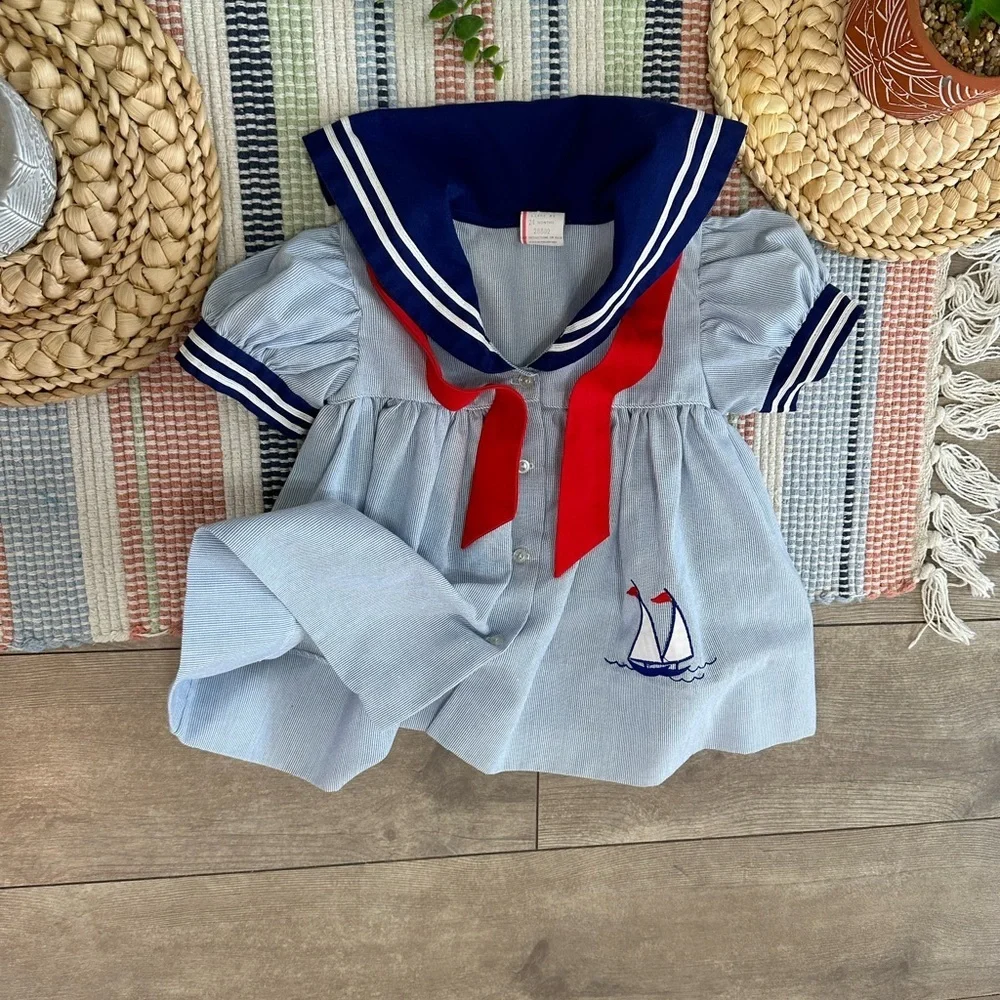 Vintage Nautical Sailor Dress Embroidered Sailboat 24 Months Baby Toddler Girl
